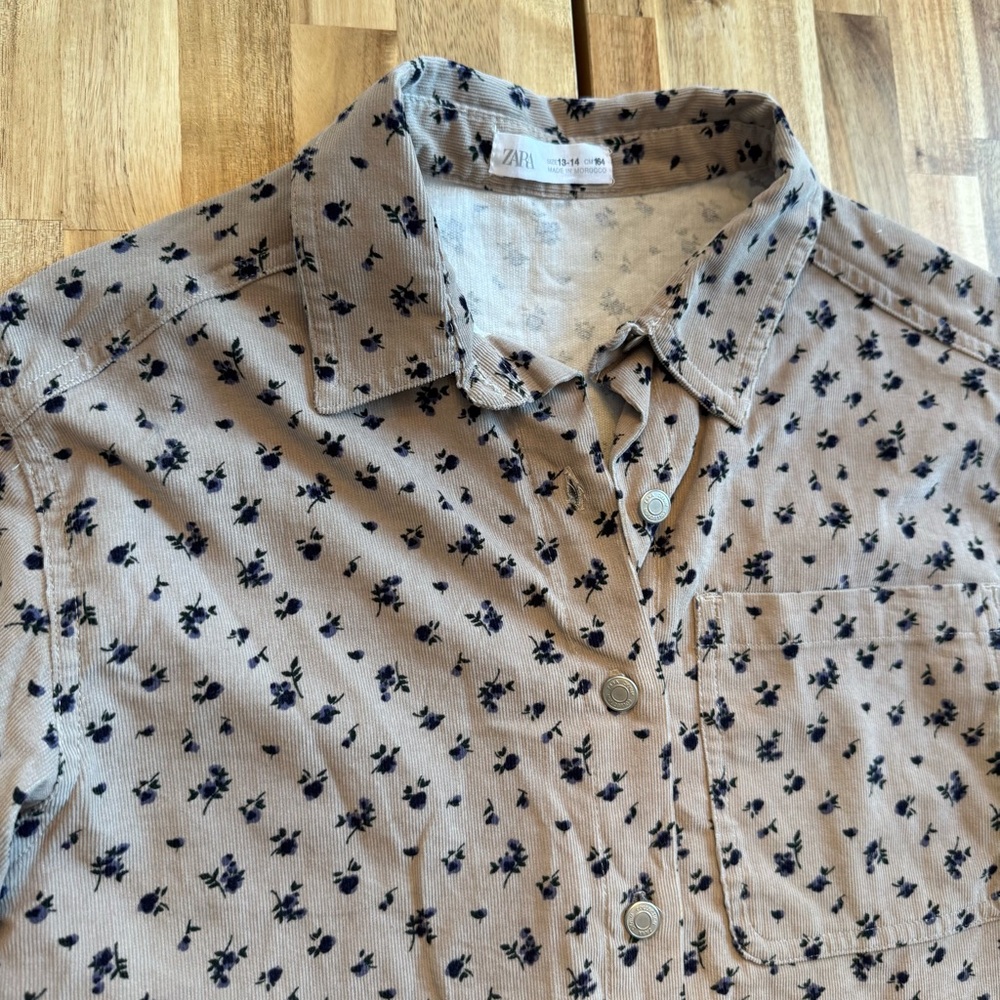 Zara Kids Tan Corduroy Floral Button Down Shirt Navy Blue Flowers Size 13-14 164